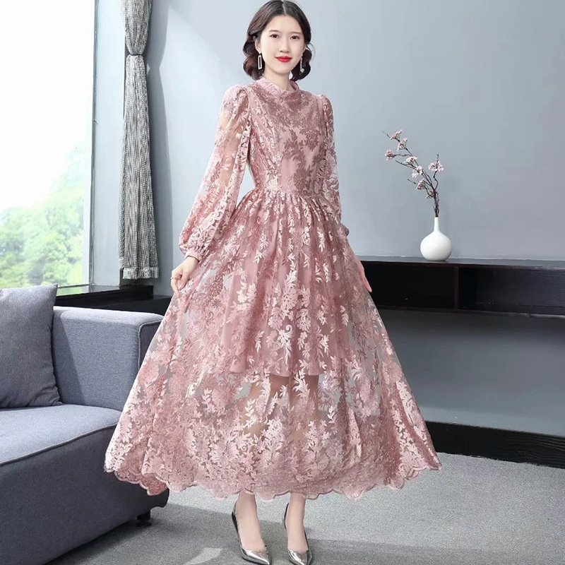 Elegant Temperament Stand Up Collar Long Sleeved Pink Embroidered Floral Waist Mesh Dress