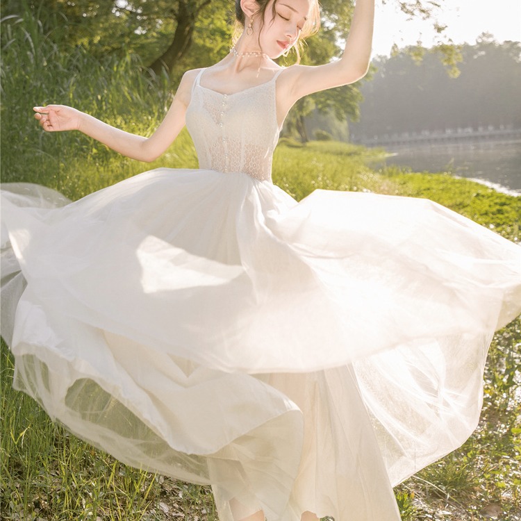 Sweet Elegant Stylish White Mesh Lace Romance Gauze Hollow Slip Big Swing Dress