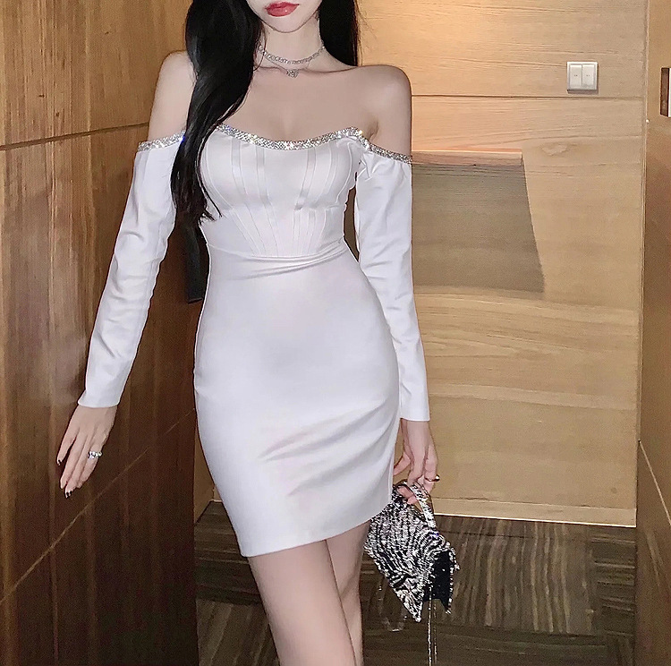 Off Shoulder Tube Top Long Sleeved Stitching Bodycon Hips Waist Women Dress