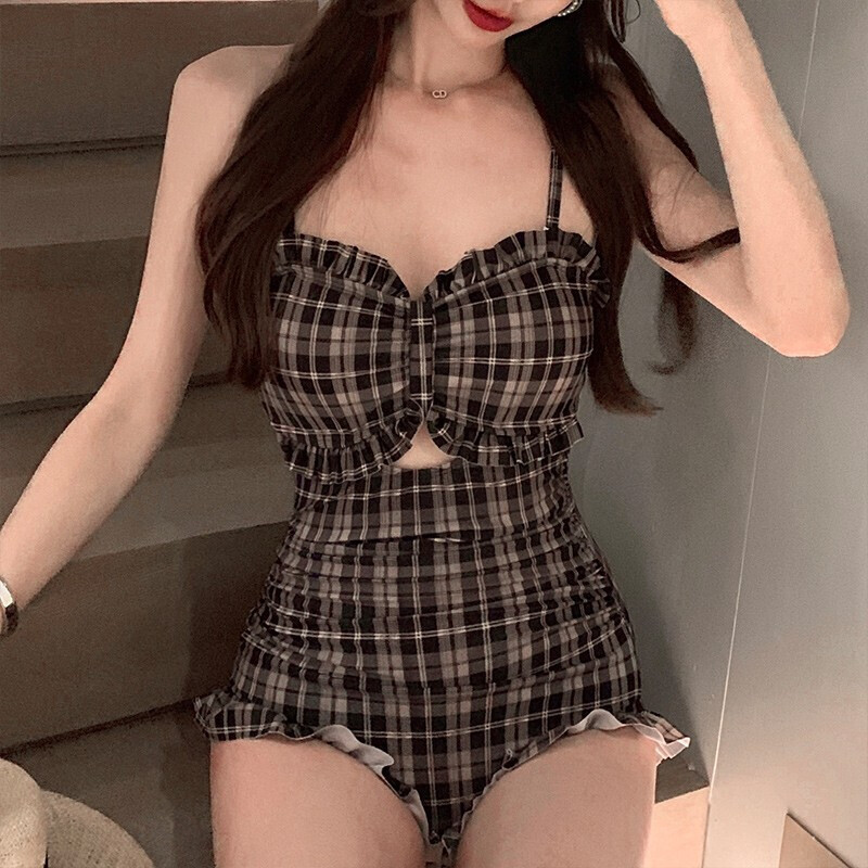 Women On Piece Beautiful Retro Square Pattern Back Sling Fashion Sexy Cover Belly Swimsuit