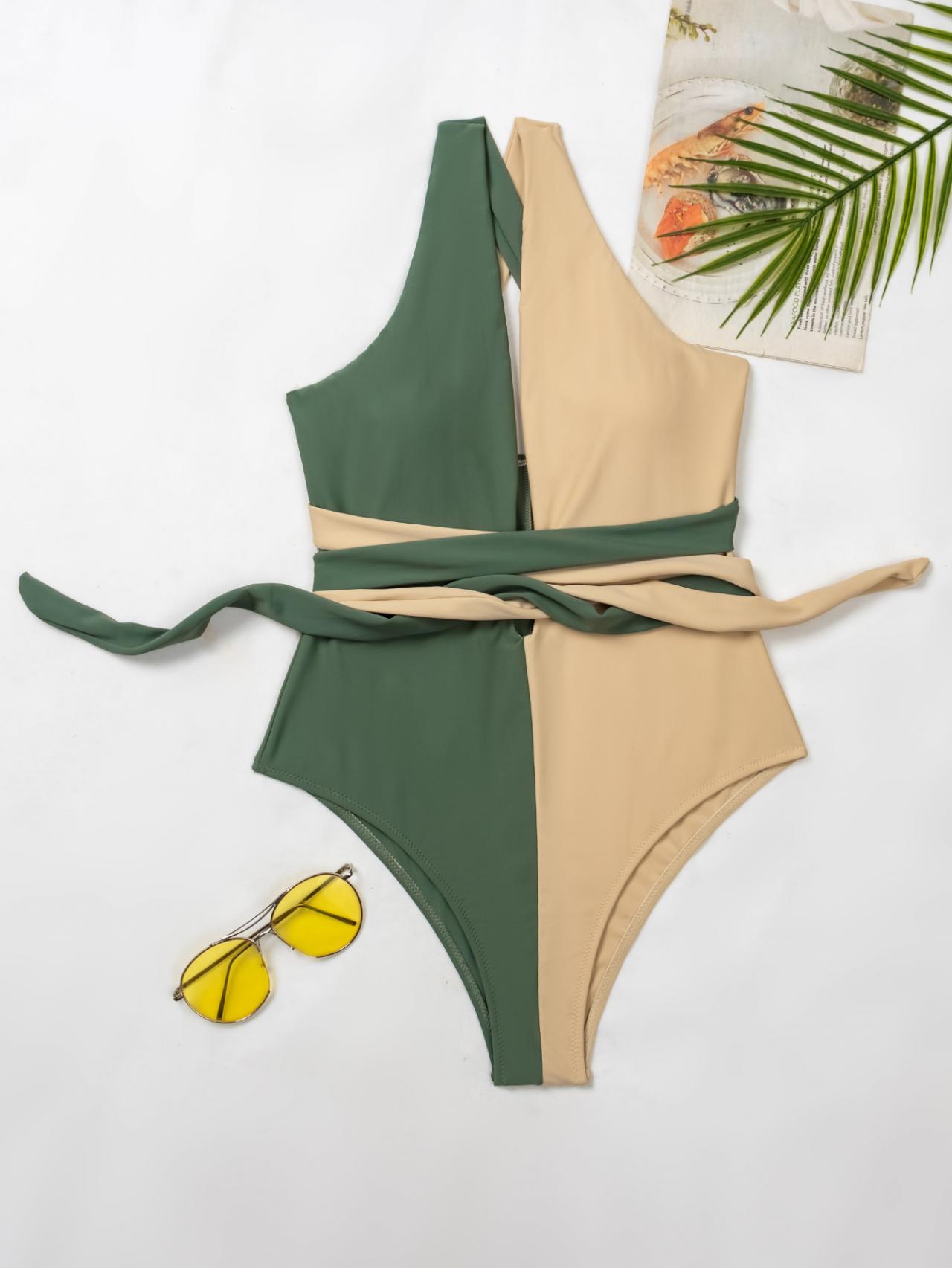 Women Green Yellow Color Cross Matching Patchwork Deep V One Piece Swimsuit