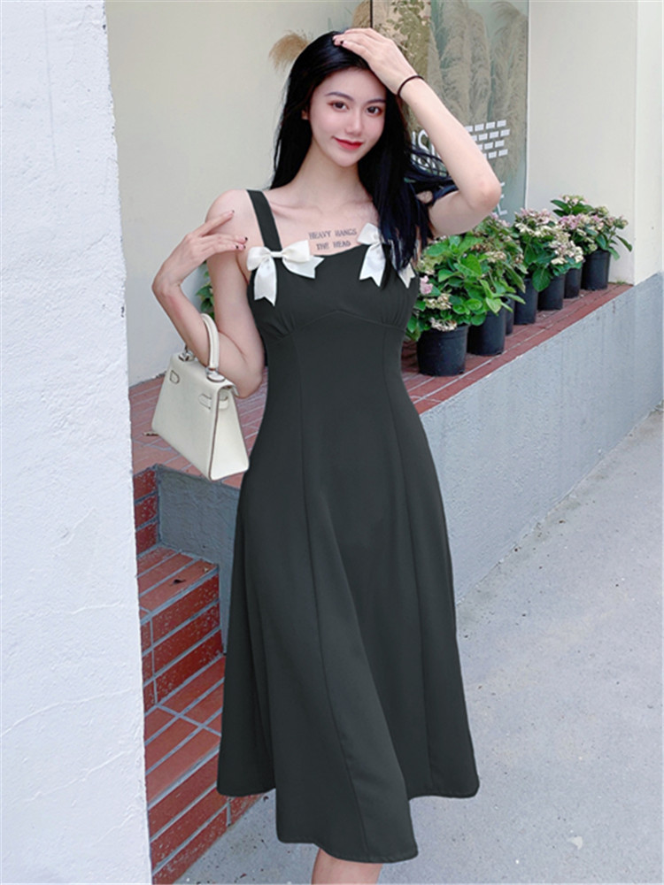 Summer Beauty Lady Casual Temperament Vintage Sling Style Shoulder Bow Dress
