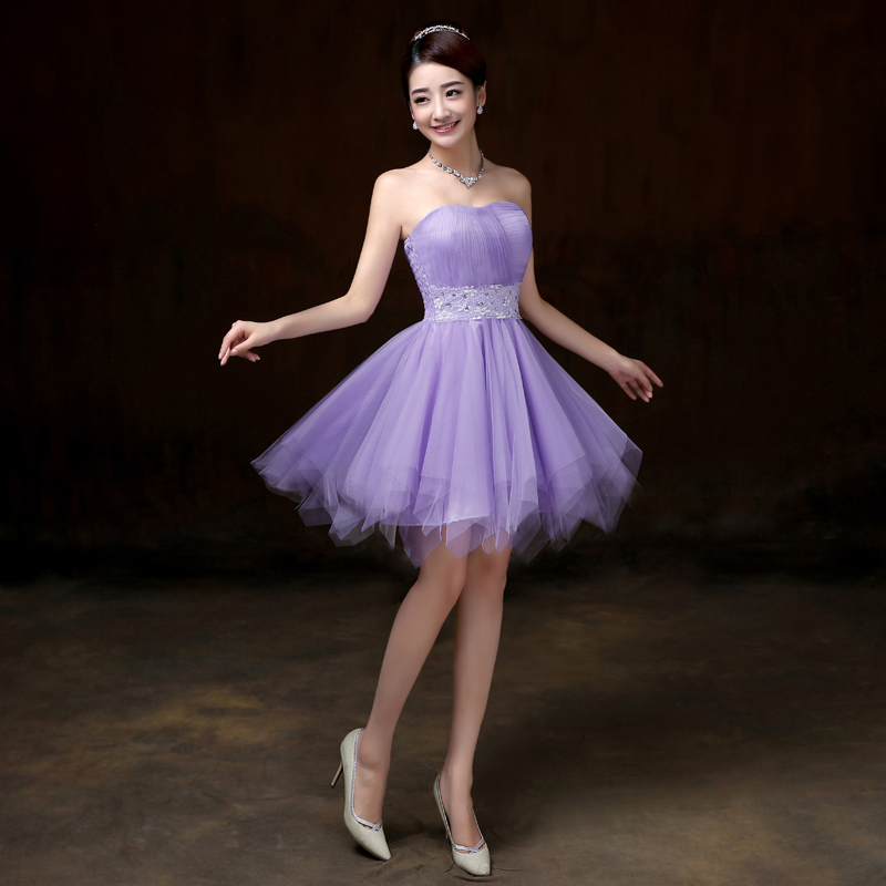 Beautiful Strapless Evening Purple Color Beading Prom Tutu Bridesmaid Dress