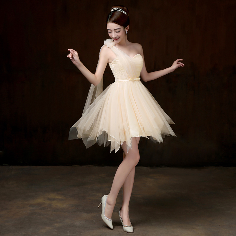 Attractive One Shoulder Evening Light Yellow Color Beading Prom Tutu Bridesmaid Dress