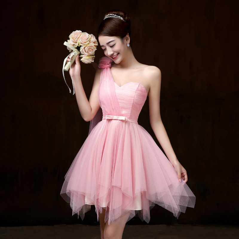 Attractive One Shoulder Evening Pink Color Beading Prom Tutu Bridesmaid Dress