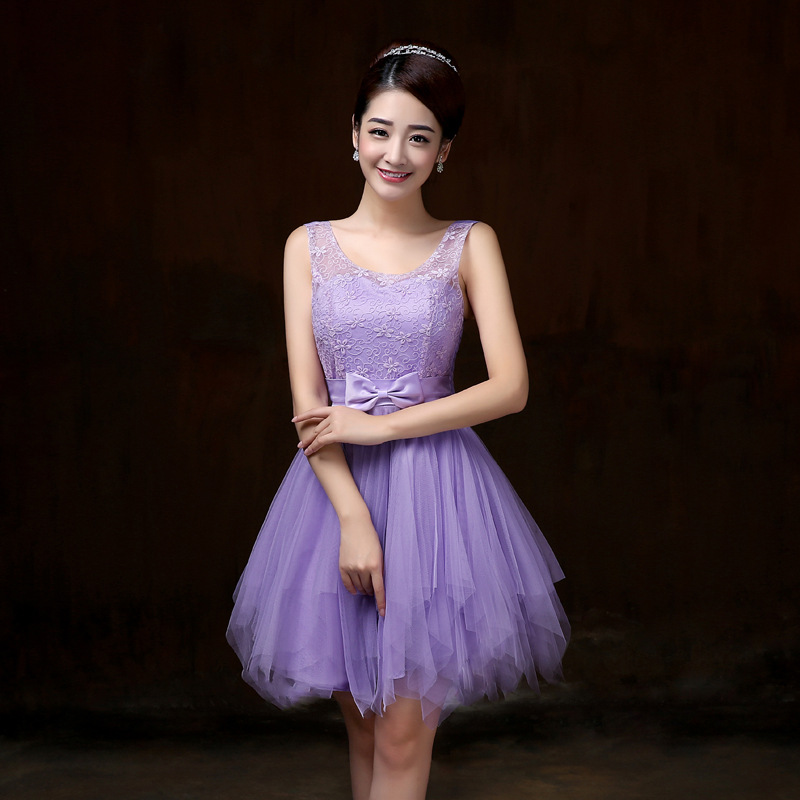 Elegant Strap Evening Purple Color Beading Prom Tutu Bridesmaid Dress