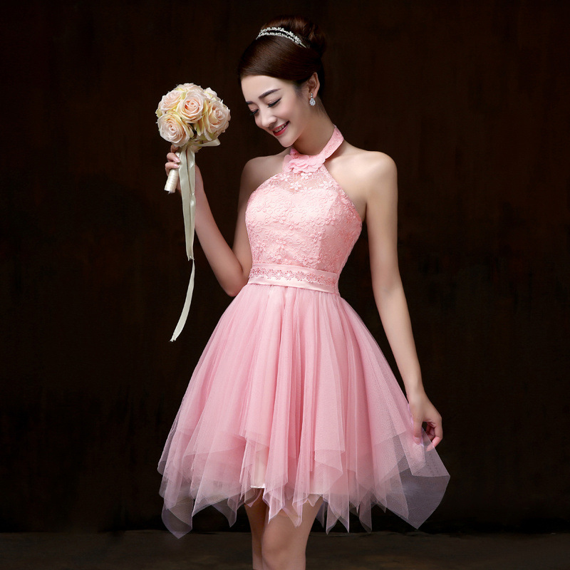 Evening Party Halter Light Pink Color Beading Prom Tutu Bridesmaid Dress