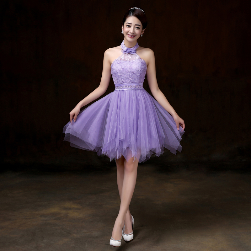 Evening Party Halter Purple Color Beading Prom Tutu Bridesmaid Dress
