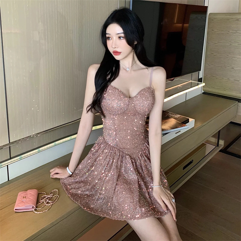 Temperament Sexy Spaghetti Strap Neck Blink Sequins Waist Backless Pink Party Dress