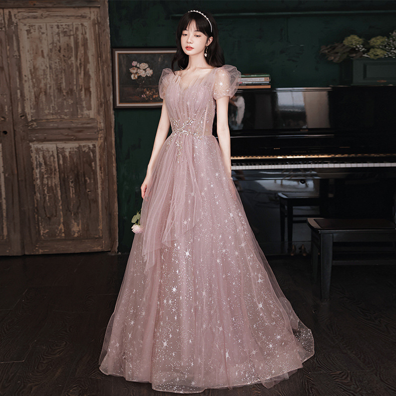 Puff Sleeve Evening Temperament Elegant Pink Fairy Party Banquet Dress