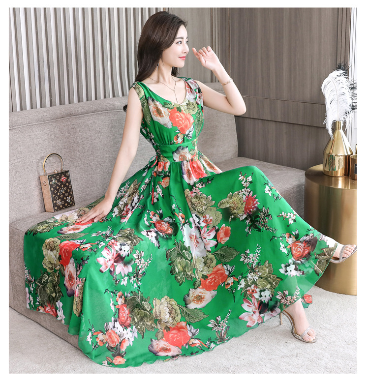 Temperament Elegant Big Swing Floral Waist V Neck Sleeveless Large Size Fairy Long Dress