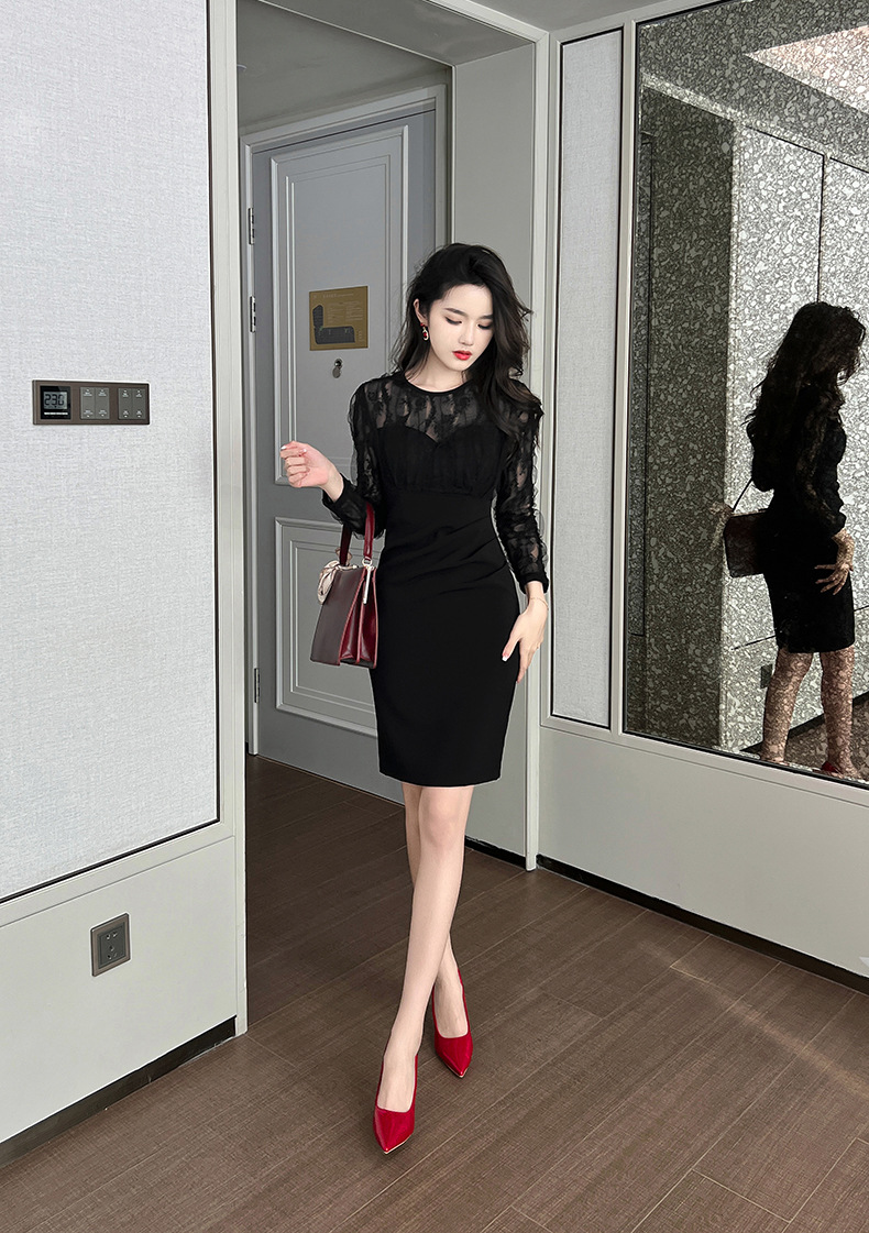 Spring Temperament Round Neck Lace Mesh Stitching Long Sleeves Hip Wrap Dress