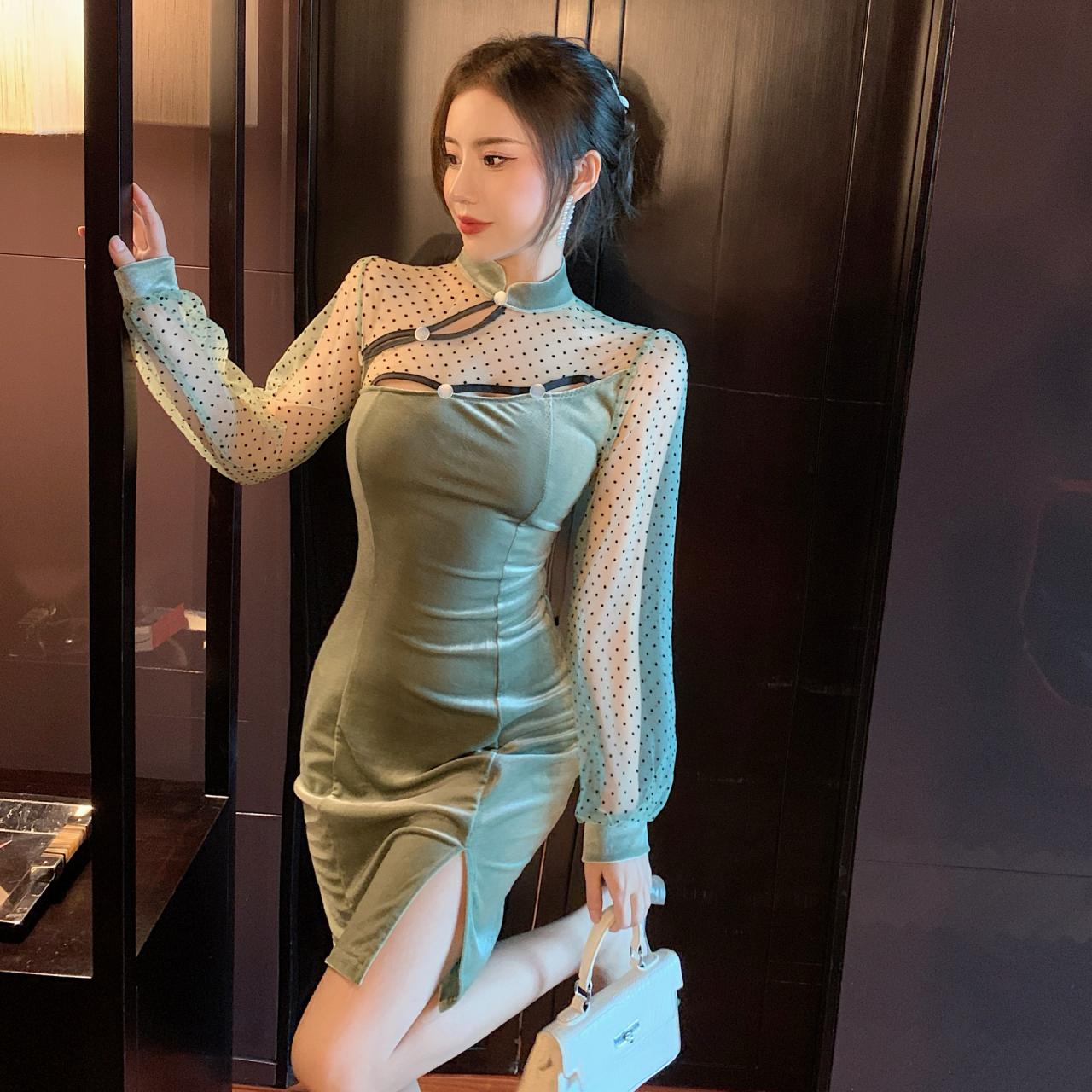 Sexy Stand Collar Cheongsam Style Waist Hip Mesh Stitching Velvet Side Slit Mini Dress