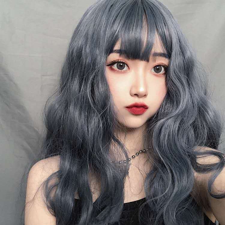 Cute Sweet Women Blue Gray Long Wave Curly Hair Full Headgear Fashion Head Wigs