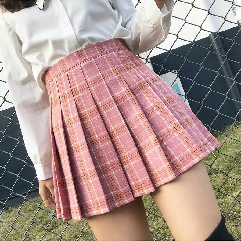 Summer Kawaii Women High Waist Soft Aesthetic Preppy Pleated Short Plaid Maxi A Line Skirt