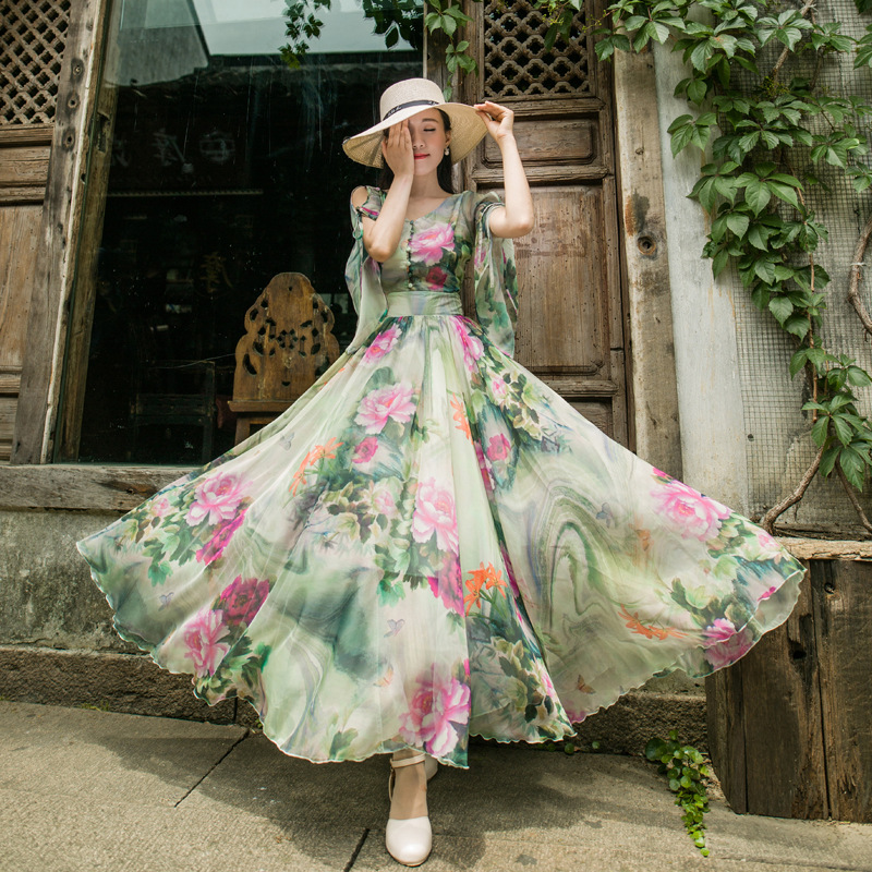 Trendy Summer Short Sleeve Floral Printed Faux Georgette Maxi Large Swing Dress