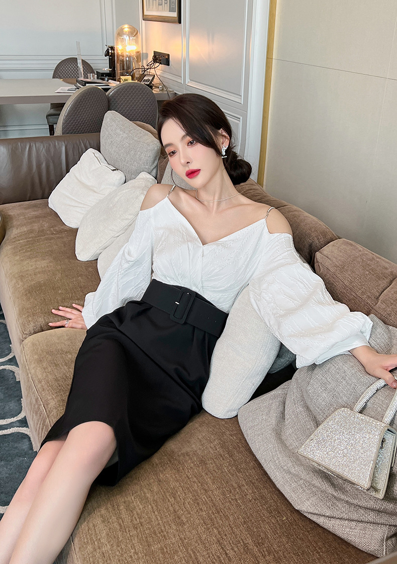 Charm Fashionable Temperament Spring Off Shoulder Puff Sleeves Pencil Dress