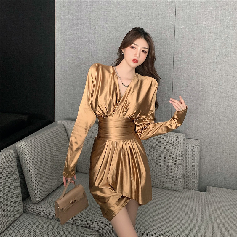 Sexy V Neck Irregular Long Sleeved High Waist Golden Gold Color Pleat Dress