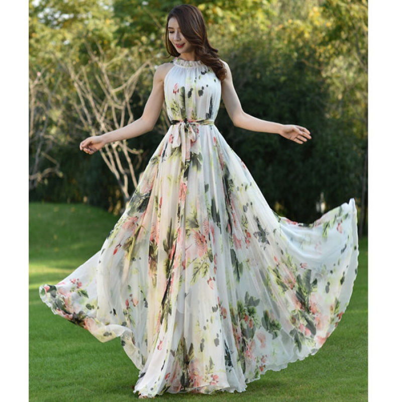 Fairy Summer Beach Seaside Trendy Charm Women Halter Neck Long Big Swing Floral Maxi Dress Gown