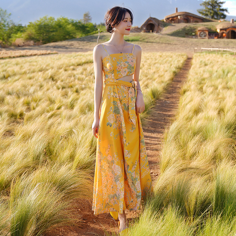 Beautiful Shiny Sweet Women Yellow Oil Painting Printed Sling Strap High Waist Long Dress