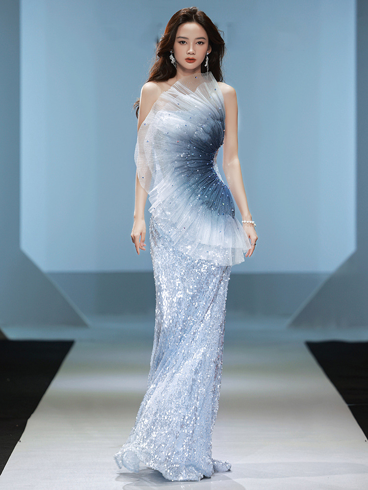 Elegant Beauty Ladies Gradient Blue Color Change Tube Top Off Shoulder Fishtail Show Evening Dress