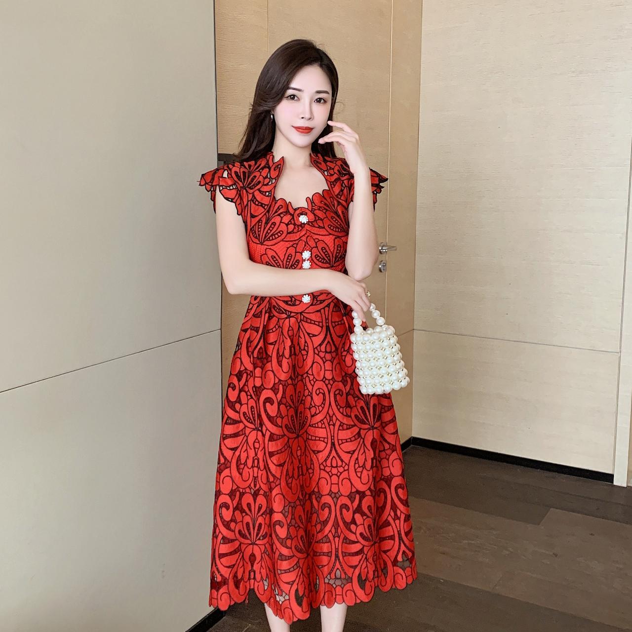 Sexy Attractive Sundress Embroidery Vestidos Party Red Floral Printed Mid Length Lace Hollow Dress