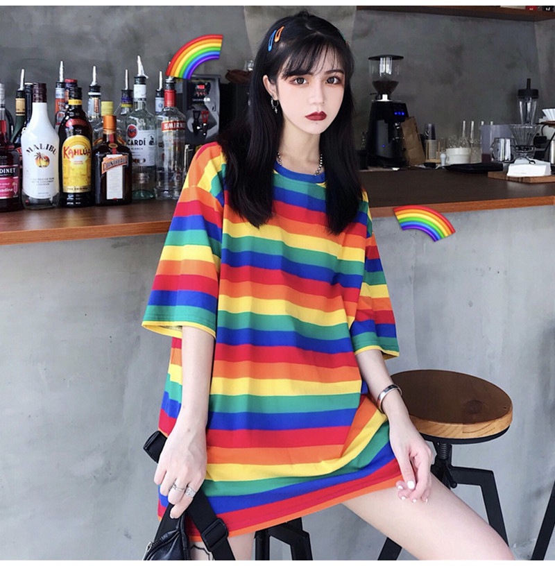 Trendy Women Mid Length Rainbow Striped Loose Short Sleeved T-shirt Top Shirt