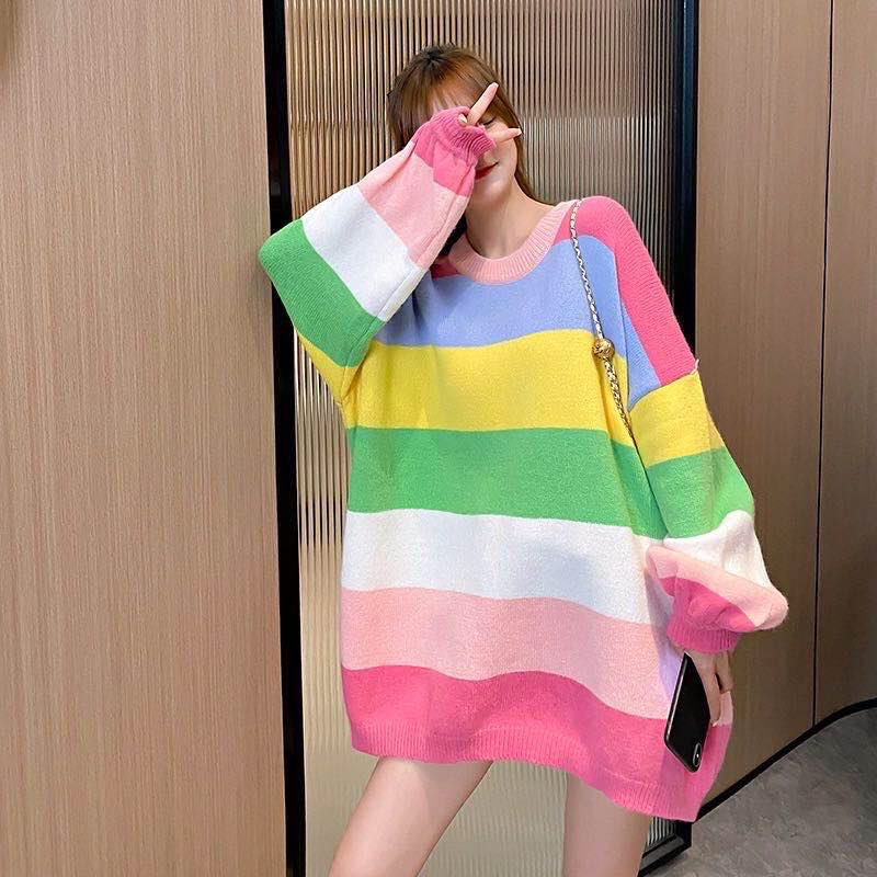 Trendy Rainbow Striped Loose Large Chic Women Knitted Long Sleeved Round Neck Top Sweater