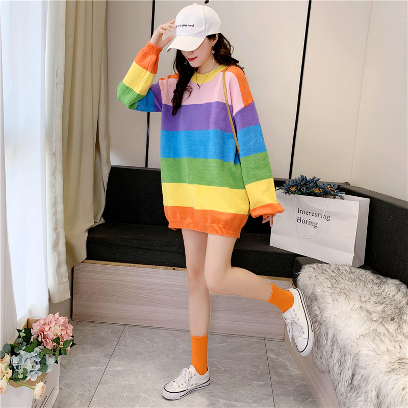 Trendy Rainbow Striped Loose Oversized Large Outerwear Knitted Long Sleeved Round Neck Top Sweater