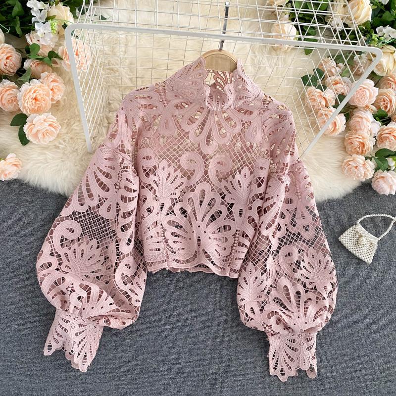Sexy Women Lace Hollow Stand Collar Long Puff Sleeved Cropped Top Shirt