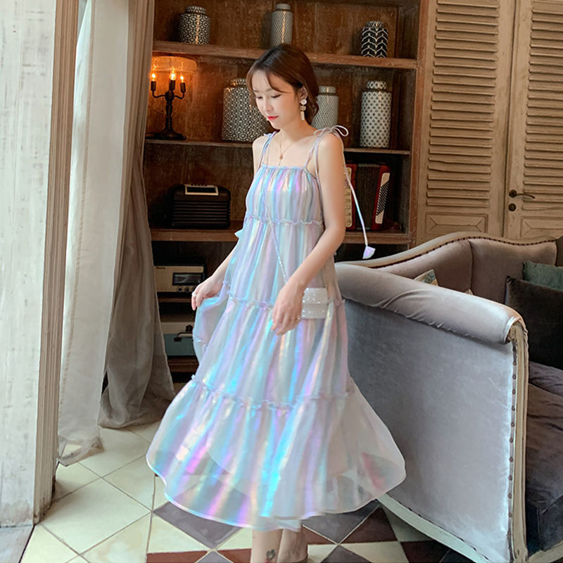 Fairy Seaside Holiday Backless Colorful Halter Neck Spaghetti Strap Skirt Loose Fit Long Dress