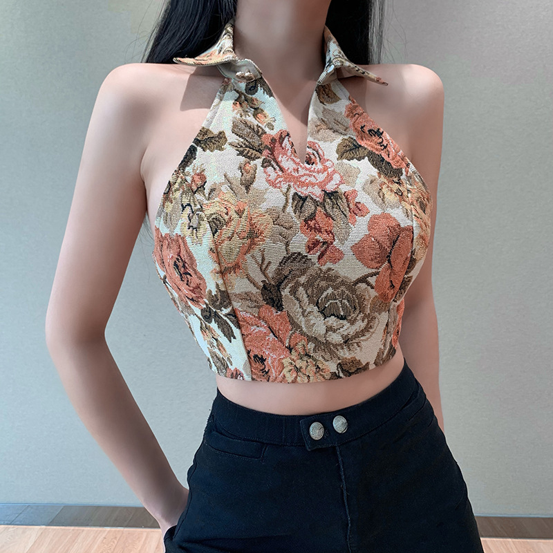 Look Good Women Retro Vintage Floral Printed Halter Collar Neck Crop Vest Fit Design Top