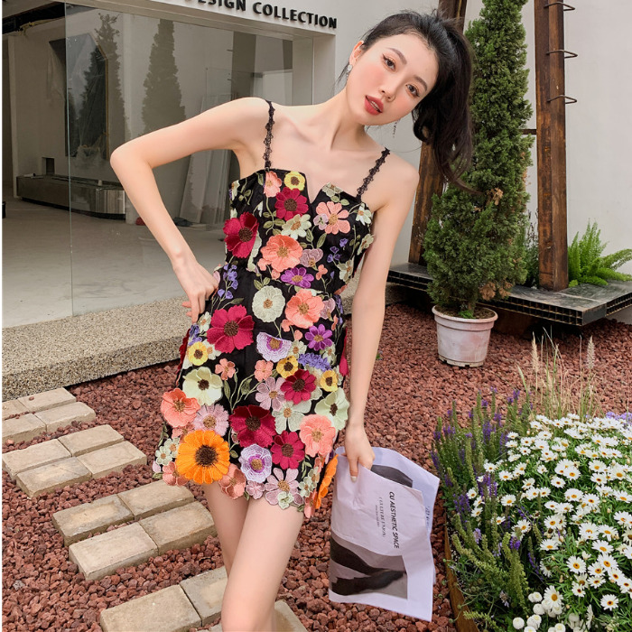 Lovely Women Three Dimensional 3d Embroidery Floral Flowers Pattern Hollow Out Spaghetti Strap Mini Party Dress