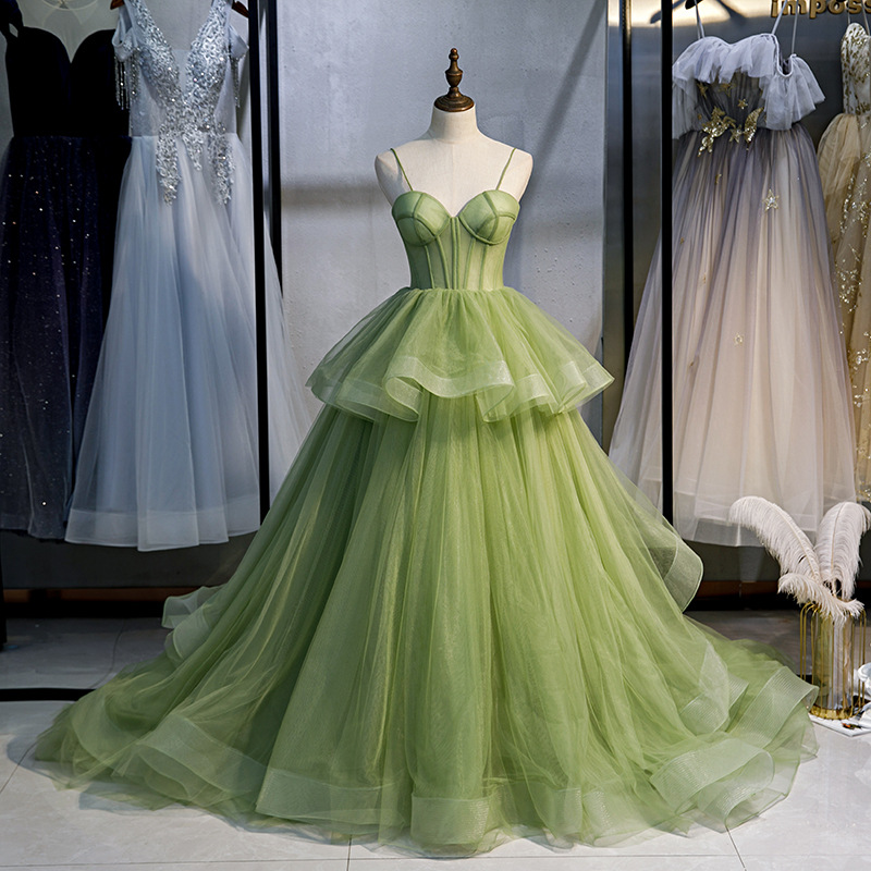 Banquet Trendy Quinceanera Green Evening Ball Temperament Fairy Spaghetti Strap Lady Trailing Big Swing Dress