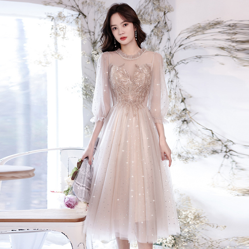 Temperament Evening Luxury High End Bridesmaid Banquet birthday Beading Pleated Round Neck Prom Dress Gown
