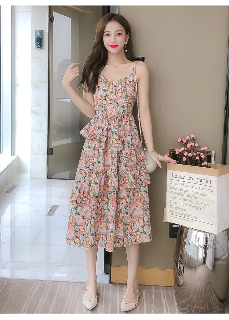 Summer Sweet Chic Women Fashion Irregular Length Chiffon Floral Spaghetti Strap Cake Dress
