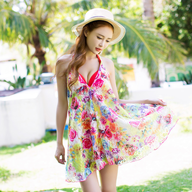 Sexy Chic Women Colorful Floral Sunscreen Scarves Veil Cover Up Halter Swimdress Open Back Swimsuit