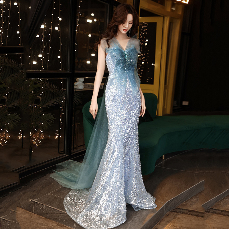 Stunning Starry Plus Size Blue Mermaid Sequined Luxury Back Big Mesh Bow Fairy Women Dress