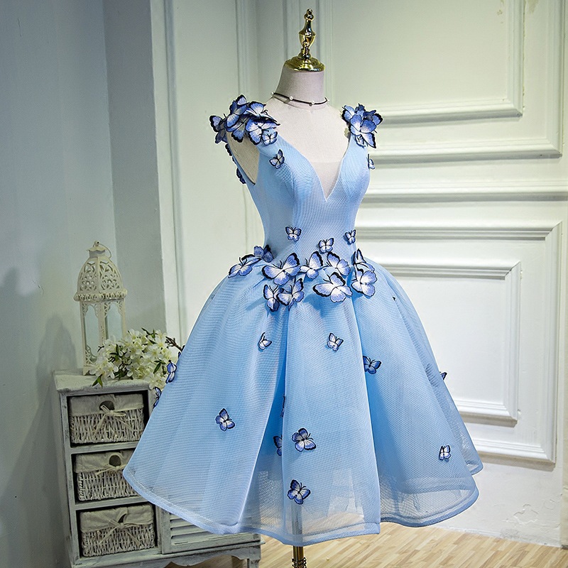 Gorgeous Evening Women Sky Blue Retro V-neck 3d Butterfly Ball Gowns Short Prom Homecoming A Line Dress