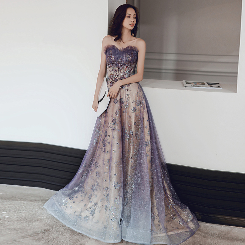 Trendy Dreamy Style Banquet Party Charming Purple Glitter Temperament Long Tube Top Floor Length Formal Dress