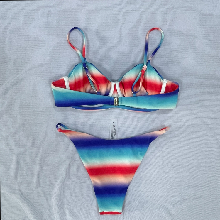 Amazing Double Sided Strip Tie Die Multi Color Colorful Printed Triangle Women Swimwear Push Up Beachwear