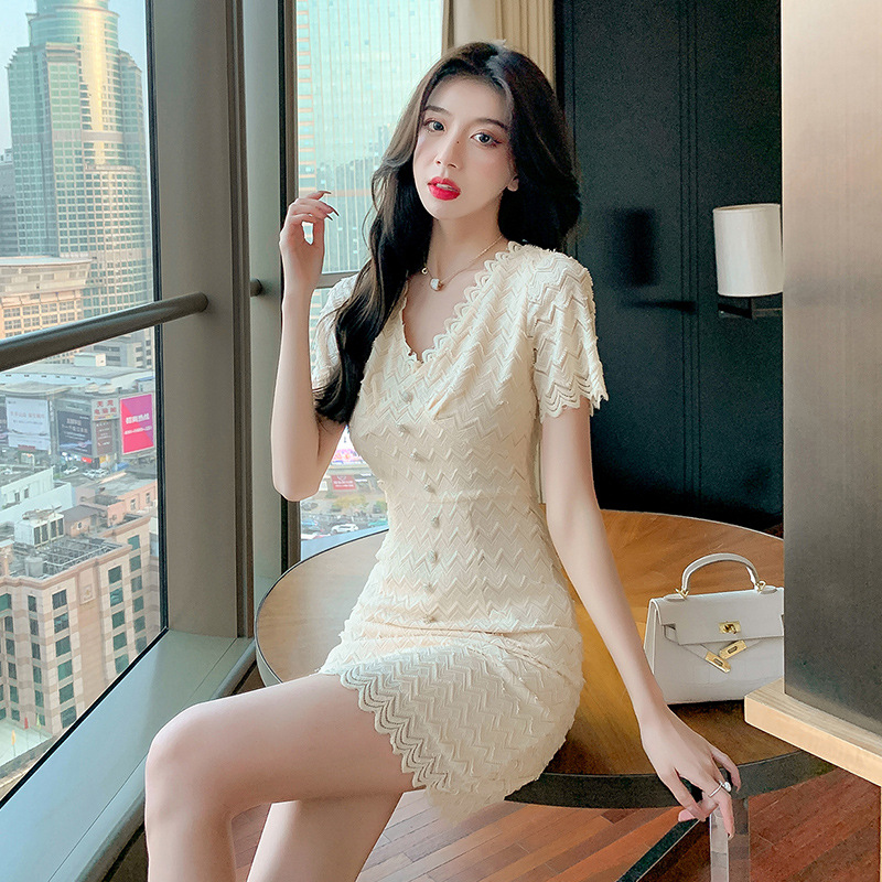 Summer Women Sexy Temperament Nice Apricot Low Cut V Neck Lace Ruffles Bodycon Dress