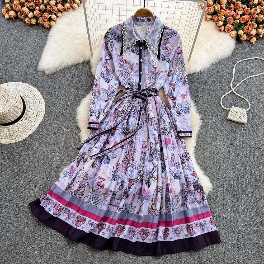 Spring Great Look Temperament Elegant Women Polo Neck Long Sleeves A Line Graphic Pattern Pleated Dress