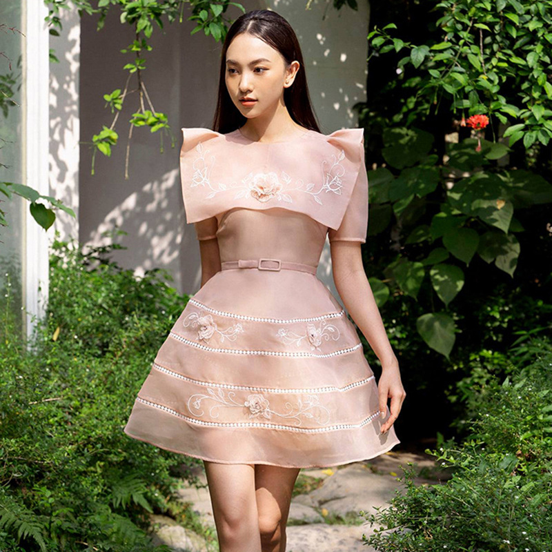 Cyber Fashion Design Summer Organza Square Collar Texture 3d Embroidery Floral Flowers Ladies Dress Skirt