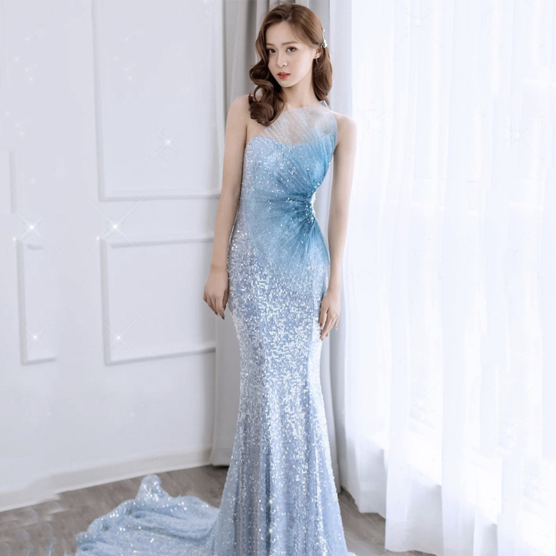 Stunning Starry Luxury Sky Blue Fairy Mermaid Sequins Low Back Women Trailing Tail Dress