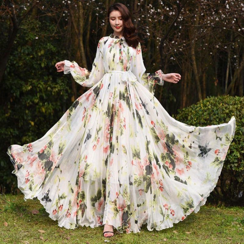 Fairy Summer Vacation Beach Large Size Oversized Bow Tie Long Sleeve Floral Printed Skirt Chiffon Maxi Dress