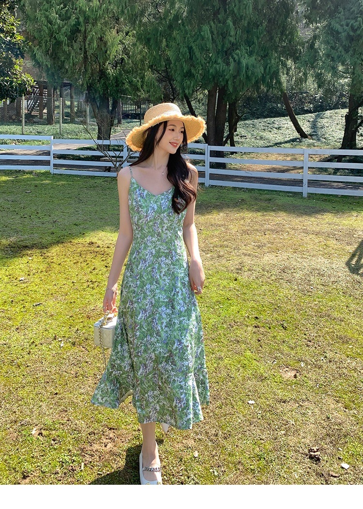 Summer Women Fresh Green Floral Dye Printed High End V Neck Waist Strap Sling Long Skirt Sunlight Dress