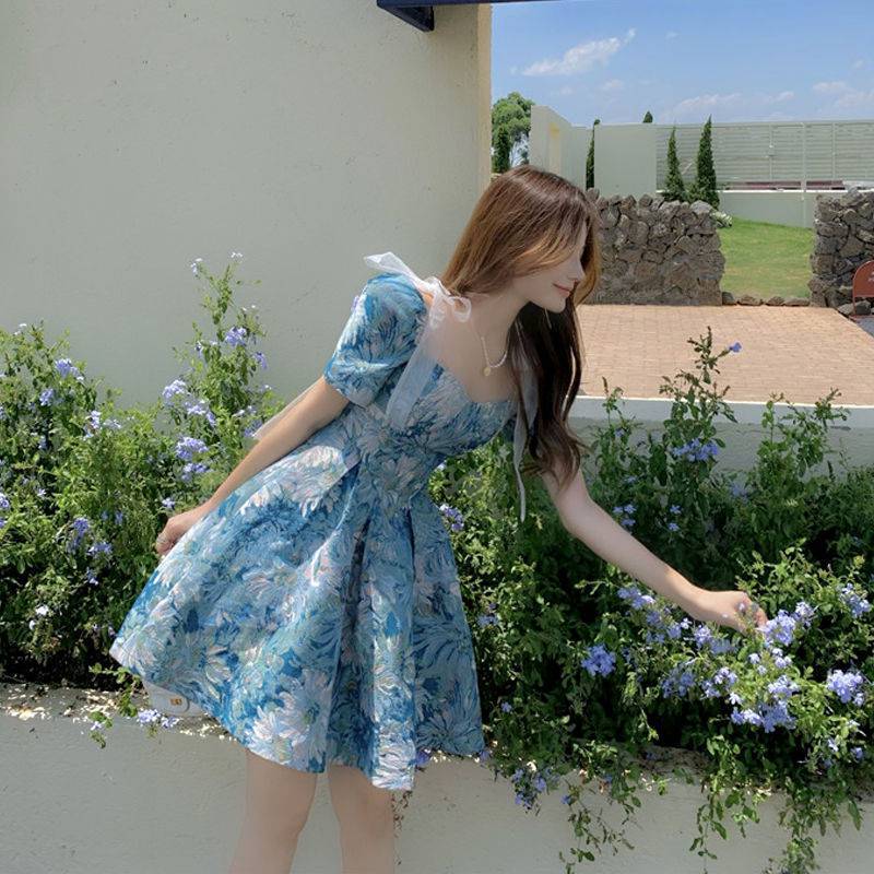 Beautiful Summer Women Blue Floral Luxury Oil Painting Pattern Temperament Waist Puffy Short Sleeves Dress