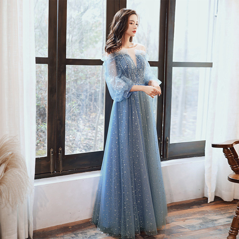 Gorgeous Fairy Women V Neck Blue Long Gown Robe Bridal Bridesmaid Long Sleeves Prom Evening Blink Party Dress