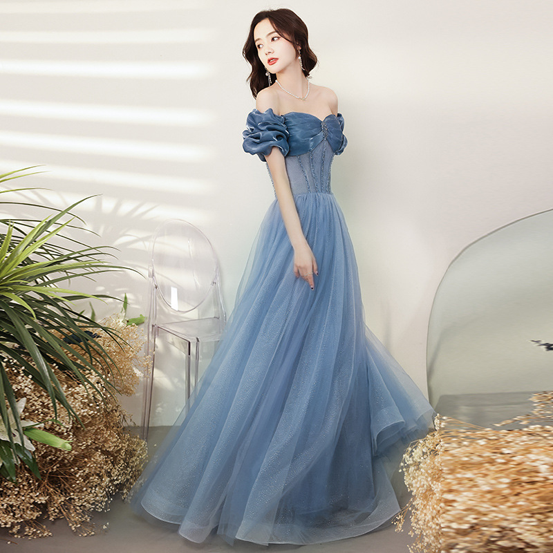 Gorgeous Fairy Women Off Shoulder Blue Long Gown Bridal Bridesmaid Evening Pleated Sleeves Prom Party Dress
